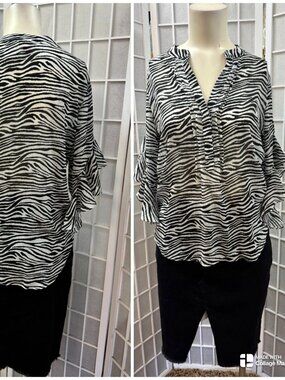 Vince Camuto,Black-White Animal Print Blouse+Black Denim Skirt Zip Set,Sz XS.!